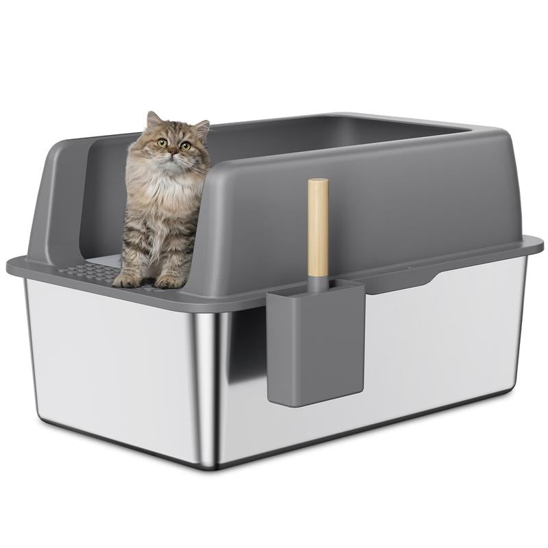 Stainless Steel Litter Box with Lid, 8” Deep Extra Large Cat Litter Box, XL Metal Litter Box for Big Cats with High Sided, Grey (Non-Sticky, Easy to Clean, Anti-Urine Leakage)