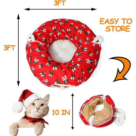 Cat Tunnel Bed under Christmas Tree 3FT X 3FT X 9.8IN - Decorative Christmas Style with Box Patterns - Red Color Perfect for Festive Felines Small Animals