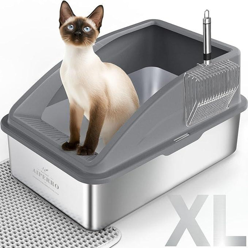 AIPERRO Enclosed Cat Litter Box Stainless Steel with Lid, XL Extra Large Litter Box for Big Cats, Metal Litter Box High Sided, Anti-Urine Leakage, Include Cat Mat and All-Metal Litter Scoop