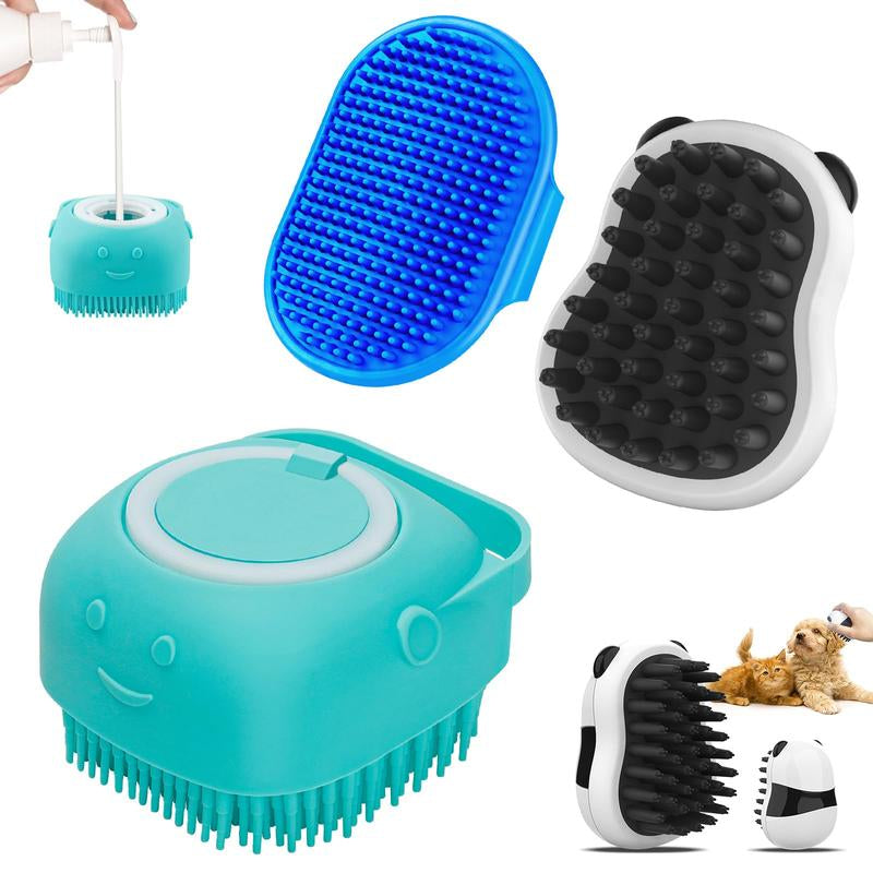 Adjustable Ring Handle Dog Bath Brush Set of 3 with Short & Long Haired Silicone Scrubber for Grooming and Washing in Blue and White