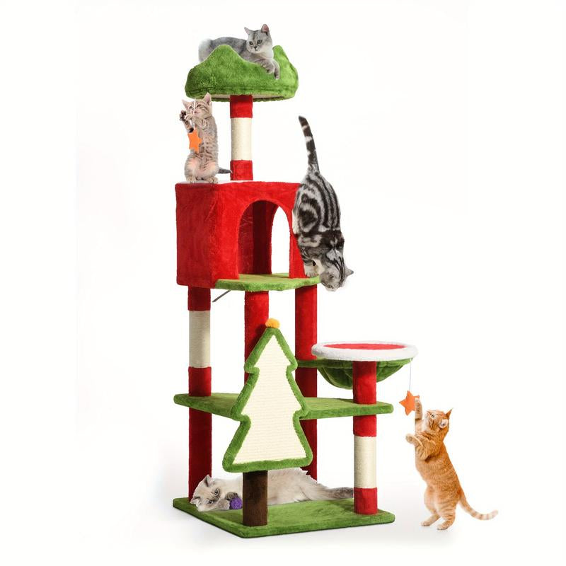 Tall Cat Tree Tower for Indoor Cats, 54In Multi- Level Cat Climbing Tower with Cat Condos, Top Perches, Hammock, Sisal Scratching Posts and Board, Kittens Play Activity Center, Christmas Decor, Christmas Gift Decorations for Home