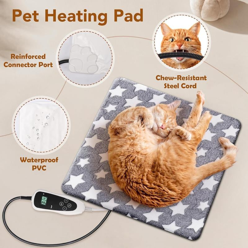 Electric Heating Pad for Pets, Temperature Adjustable Dog Cat Heated Bed Mat with Timer, Waterproof Indoor Pet Warming Pad with Chew Resistant Cold