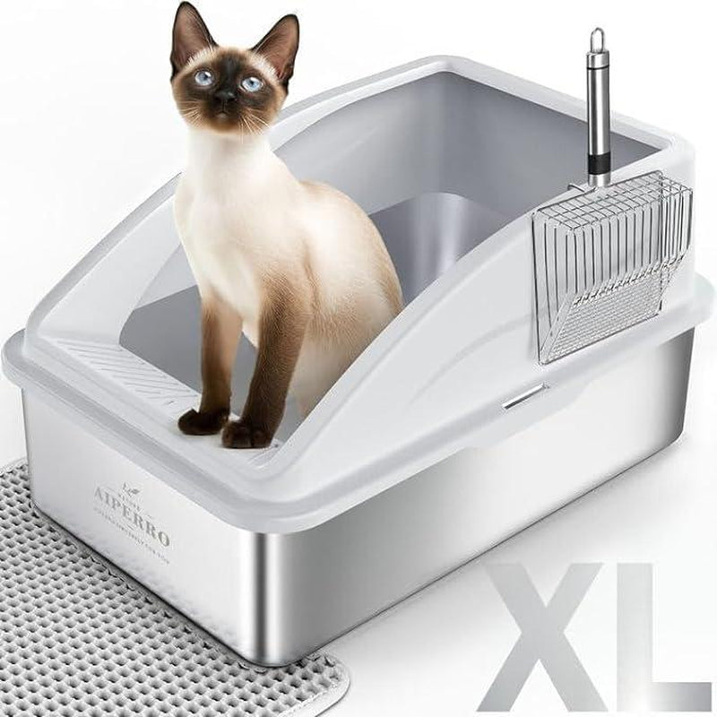 AIPERRO Enclosed Cat Litter Box Stainless Steel with Lid, XL Extra Large Litter Box for Big Cats, Metal Litter Box High Sided, Anti-Urine Leakage, Include Cat Mat and All-Metal Litter Scoop