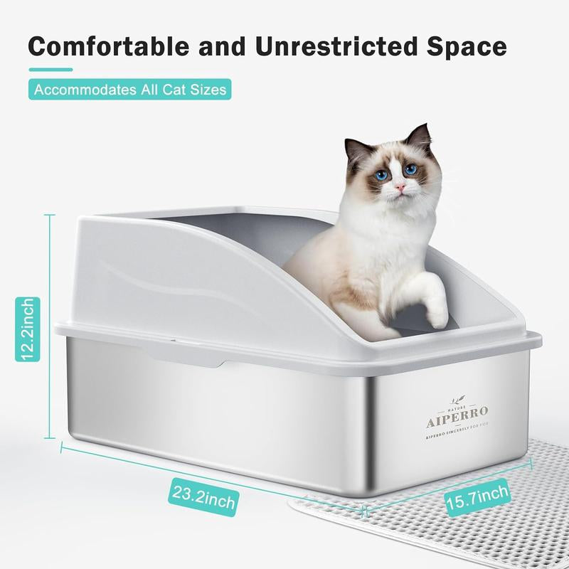 AIPERRO Enclosed Cat Litter Box Stainless Steel with Lid, XL Extra Large Litter Box for Big Cats, Metal Litter Box High Sided, Anti-Urine Leakage, Include Cat Mat and All-Metal Litter Scoop