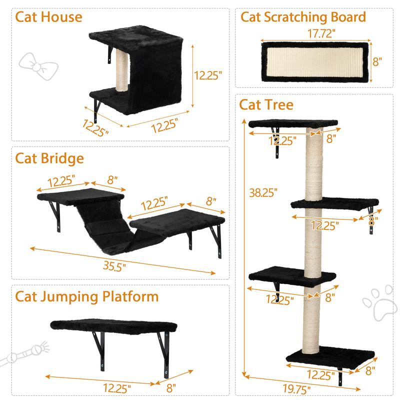 Cat Wall Shelves, Wall-Mounted Cat Climber Set of 5, Floating Cat Perches, Cat Furniture, Black