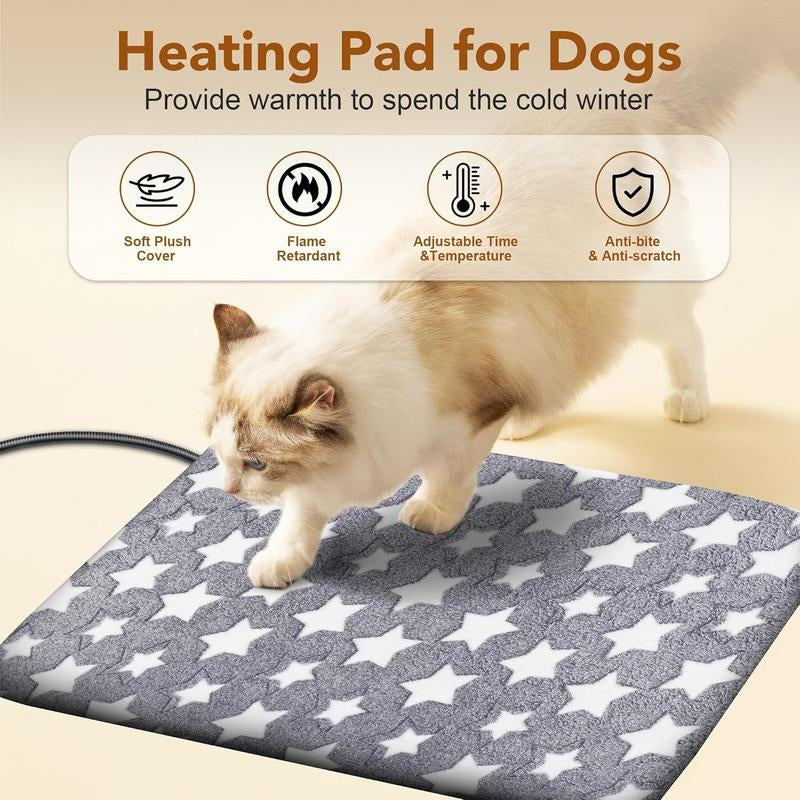 Electric Heating Pad for Pets, Temperature Adjustable Dog Cat Heated Bed Mat with Timer, Waterproof Indoor Pet Warming Pad with Chew Resistant Cold