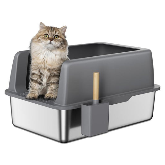 Stainless Steel Litter Box with Lid, 8” Deep Extra Large Cat Litter Box, XL Metal Litter Box for Big Cats with High Sided, Grey (Non-Sticky, Easy to Clean, Anti-Urine Leakage)