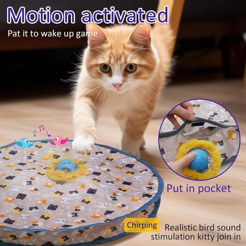 Interactive Cat Toys Ball Fast Rolling in Pouch, Motion Activate Chirping Cat Toy Hide and Seek Mouse Catching Game