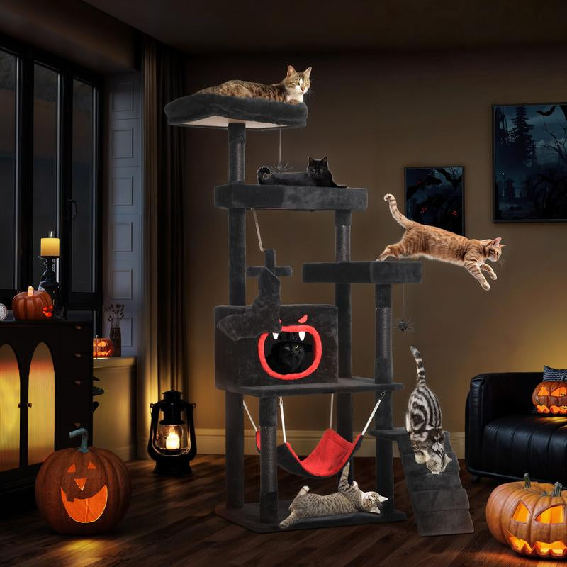 YITAHOME Gothic Cat Tree with Coffin Bed, 63"/38.6" Tall Cat Tower for Indoor Cats with Top Perch, Spacious Cat Condos, Spider Hanging Balls,Comfy Hammock, Scratching Post and Ladder, Black Halloween