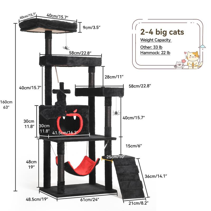 YITAHOME Gothic Cat Tree with Coffin Bed, 63"/38.6" Tall Cat Tower for Indoor Cats with Top Perch, Spacious Cat Condos, Spider Hanging Balls,Comfy Hammock, Scratching Post and Ladder, Black Halloween