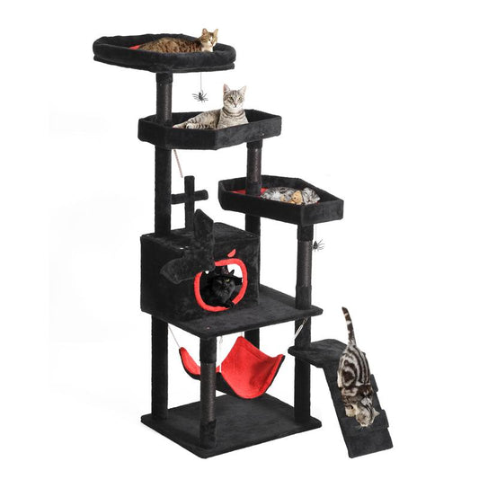 YITAHOME Gothic Cat Tree with Coffin Bed, 63"/38.6" Tall Cat Tower for Indoor Cats with Top Perch, Spacious Cat Condos, Spider Hanging Balls,Comfy Hammock, Scratching Post and Ladder, Black Halloween