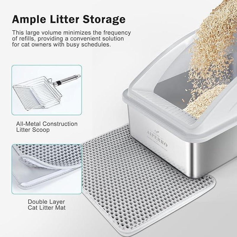 AIPERRO Enclosed Cat Litter Box Stainless Steel with Lid, XL Extra Large Litter Box for Big Cats, Metal Litter Box High Sided, Anti-Urine Leakage, Include Cat Mat and All-Metal Litter Scoop