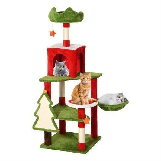 Tall Cat Tree Tower for Indoor Cats, 54In Multi- Level Cat Climbing Tower with Cat Condos, Top Perches, Hammock, Sisal Scratching Posts and Board, Kittens Play Activity Center, Christmas Decor, Christmas Gift Decorations for Home