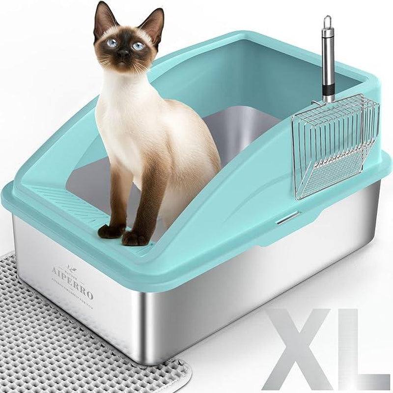 AIPERRO Enclosed Cat Litter Box Stainless Steel with Lid, XL Extra Large Litter Box for Big Cats, Metal Litter Box High Sided, Anti-Urine Leakage, Include Cat Mat and All-Metal Litter Scoop