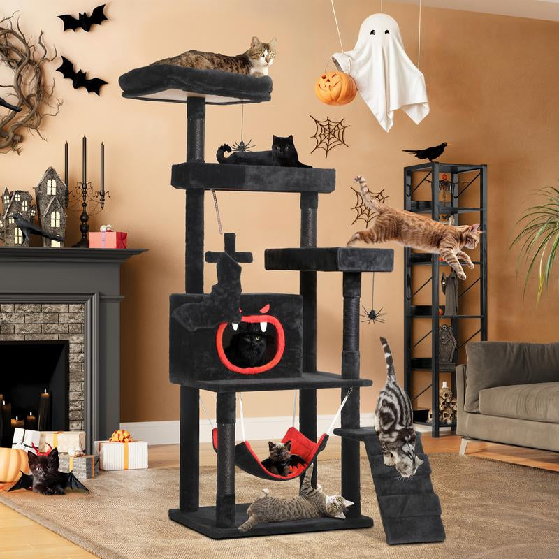 YITAHOME Gothic Cat Tree with Coffin Bed, 63"/38.6" Tall Cat Tower for Indoor Cats with Top Perch, Spacious Cat Condos, Spider Hanging Balls,Comfy Hammock, Scratching Post and Ladder, Black Halloween