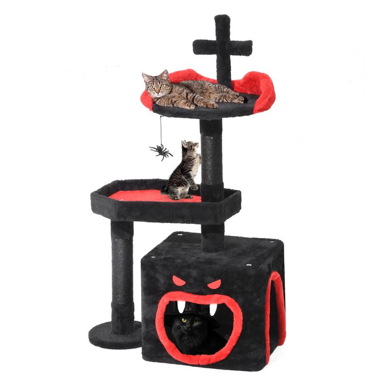 YITAHOME Gothic Cat Tree with Coffin Bed, 63"/38.6" Tall Cat Tower for Indoor Cats with Top Perch, Spacious Cat Condos, Spider Hanging Balls,Comfy Hammock, Scratching Post and Ladder, Black Halloween