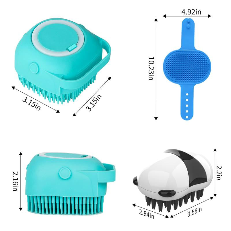 Adjustable Ring Handle Dog Bath Brush Set of 3 with Short & Long Haired Silicone Scrubber for Grooming and Washing in Blue and White