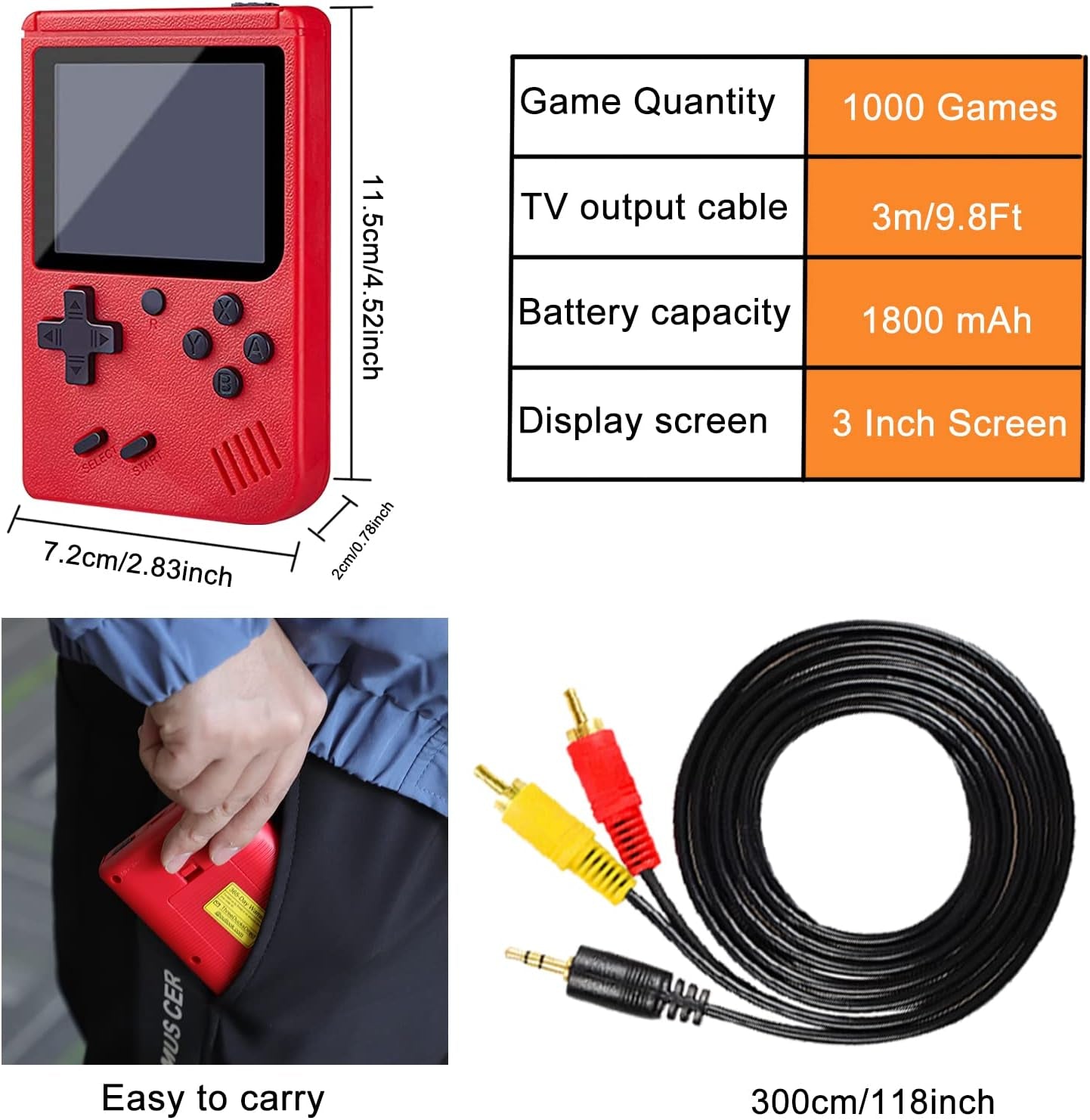 Handheld Game Console, 1000 Classic FC Games, Mini Handheld Game Console with 3.0-Inches Color Screen , 1800Mah Rechargeable Battery That Can Connect to TV and Two Players (Red)