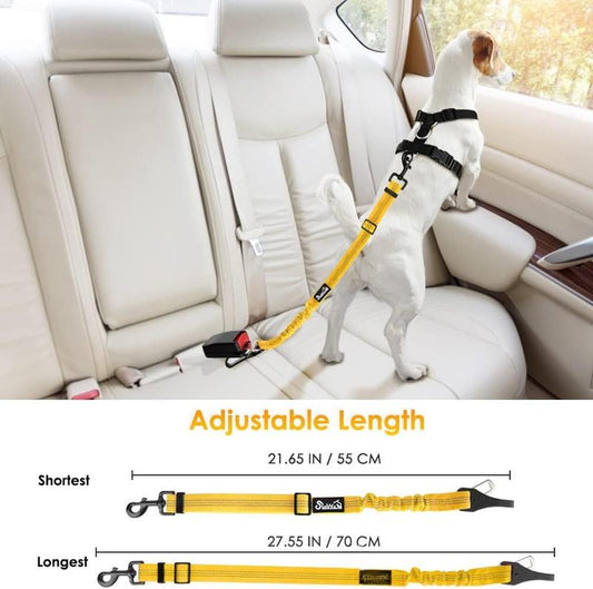 Dog Harness, Adjustable Dog Seatbelt, 2 in 1 Latch Bar Attachment, Reflective Nylon Belt Tether, Yellow, 27.55In