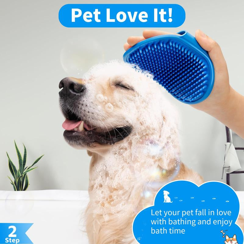 Adjustable Ring Handle Dog Bath Brush Set of 3 with Short & Long Haired Silicone Scrubber for Grooming and Washing in Blue and White