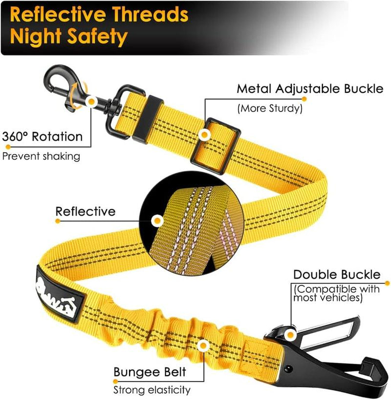 Dog Harness, Adjustable Dog Seatbelt, 2 in 1 Latch Bar Attachment, Reflective Nylon Belt Tether, Yellow, 27.55In