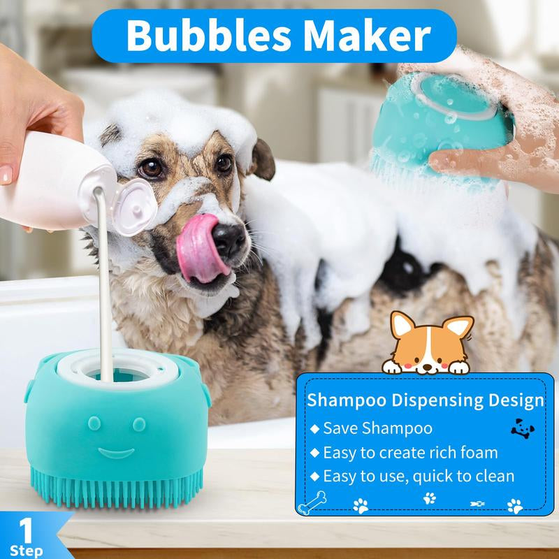 Adjustable Ring Handle Dog Bath Brush Set of 3 with Short & Long Haired Silicone Scrubber for Grooming and Washing in Blue and White